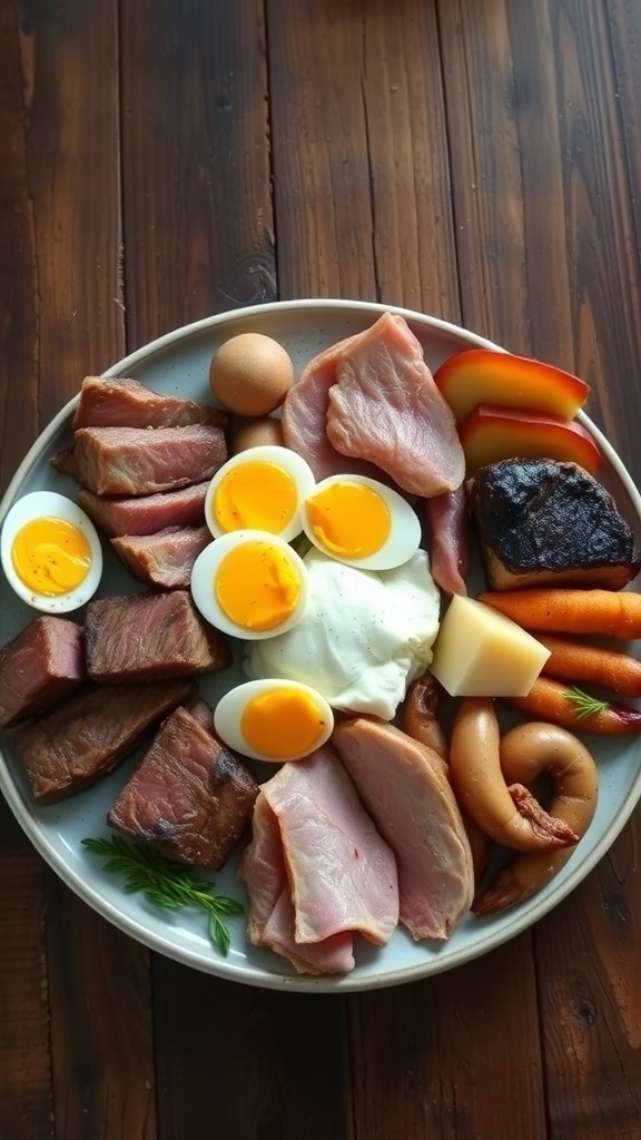 A selection of meats and eggs on a rustic table, representing a carnivore diet meal plan.